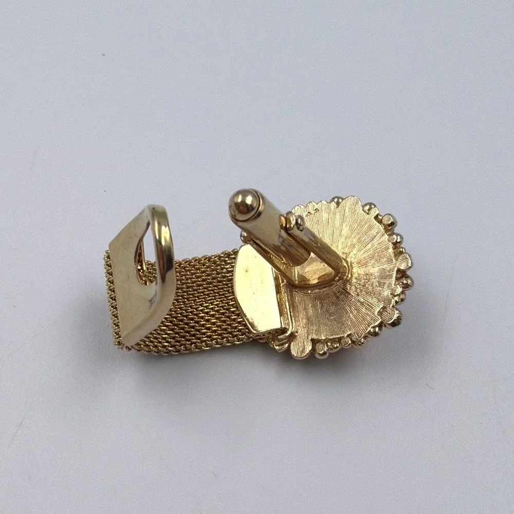 1970 Vintage Amber Cabochon Cufflinks‎ Gold Tone Mesh Wrap Statement Retro Mens